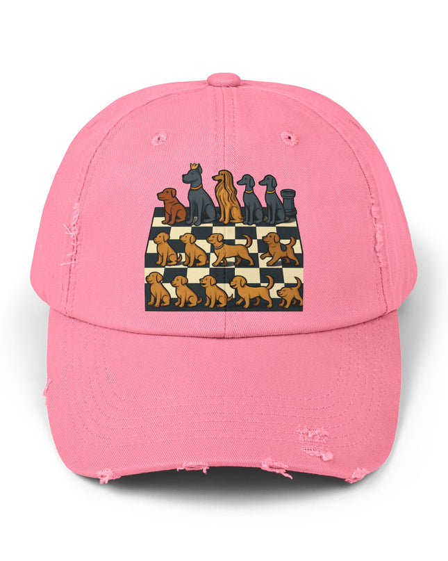 "Chess board with dog pieces" Unisex Distressed Cap