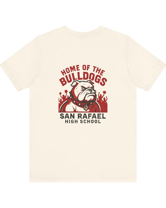 "Home of the Bulldogs - San Rafael High School (Students cheering on bulldog)" Unisex Jersey Short Sleeve Tee