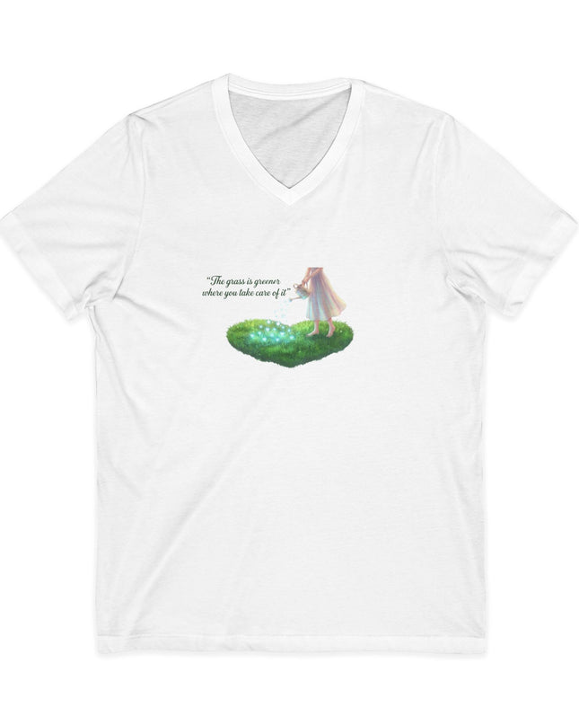 "The Grass is Greener Where You Water It" Unisex Jersey Short Sleeve V-Neck Tee