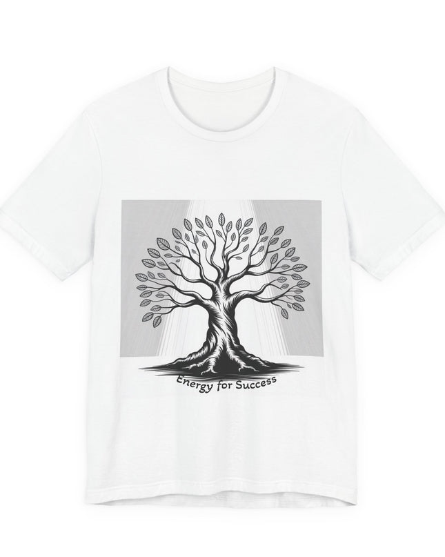 "Energy for Success" with a black and white drawing of a tree, Unisex Jersey Short Sleeve Tee