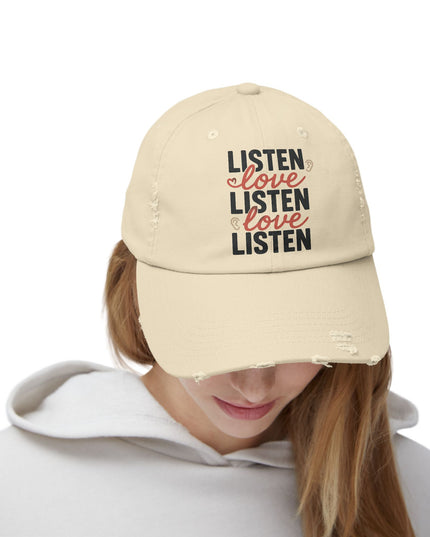"Listen, love, listen, love" Unisex Distressed Cap