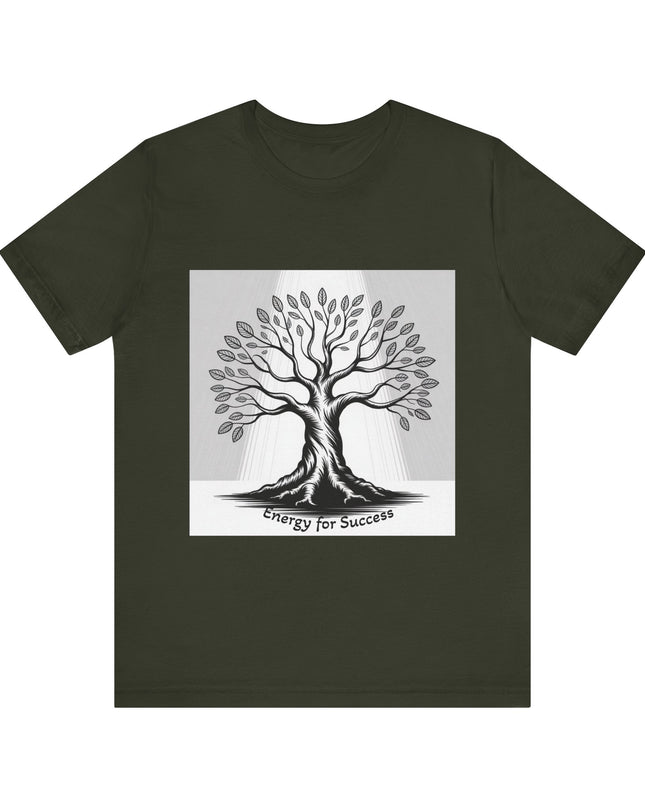 "Energy for Success" with a black and white drawing of a tree, Unisex Jersey Short Sleeve Tee