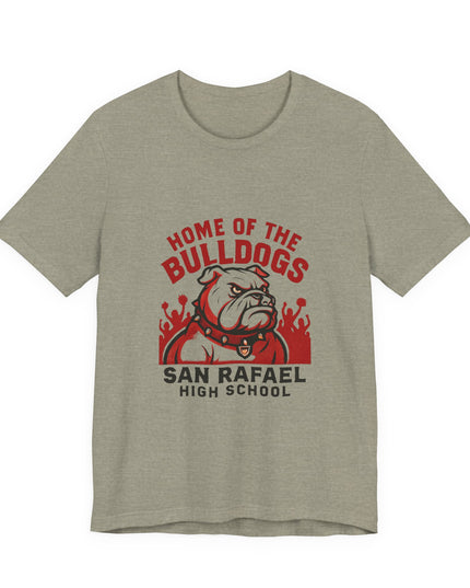 "Home of the Bulldogs - San Rafael High School (Students cheering on bulldog)" Unisex Jersey Short Sleeve Tee