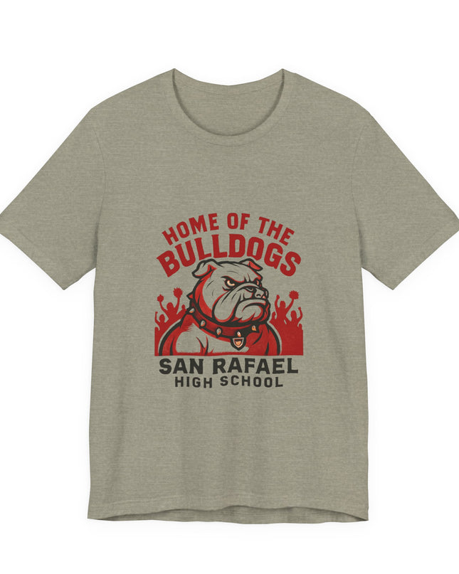 "Home of the Bulldogs - San Rafael High School (Students cheering on bulldog)" Unisex Jersey Short Sleeve Tee