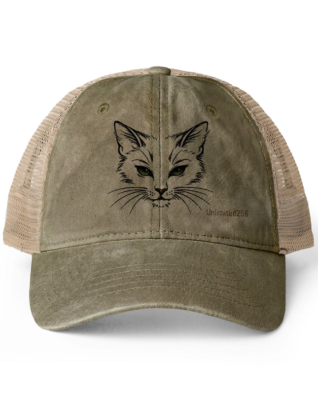 "Cat Sketch Face" Women's Washed Mesh-Back Cap