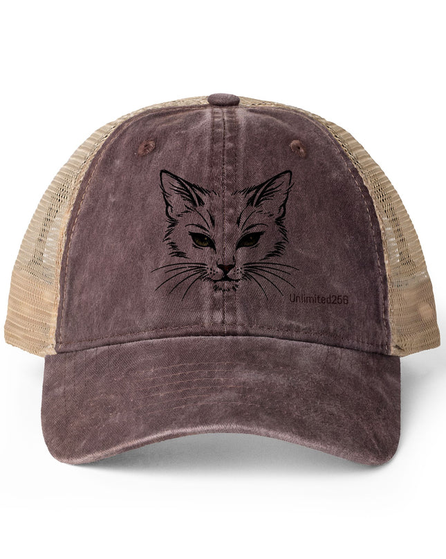 "Cat Sketch Face" Women's Washed Mesh-Back Cap