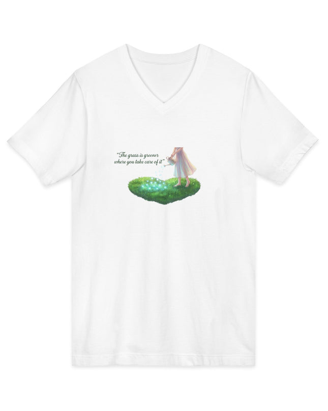 "The Grass is Greener Where You Water It" Unisex Jersey Short Sleeve V-Neck Tee