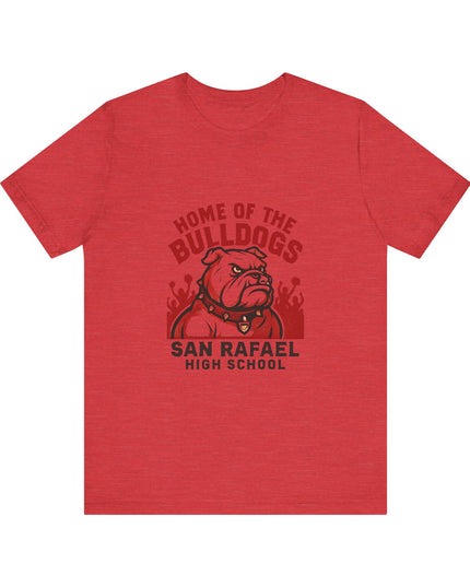 "Home of the Bulldogs - San Rafael High School (Students cheering on bulldog)" Unisex Jersey Short Sleeve Tee