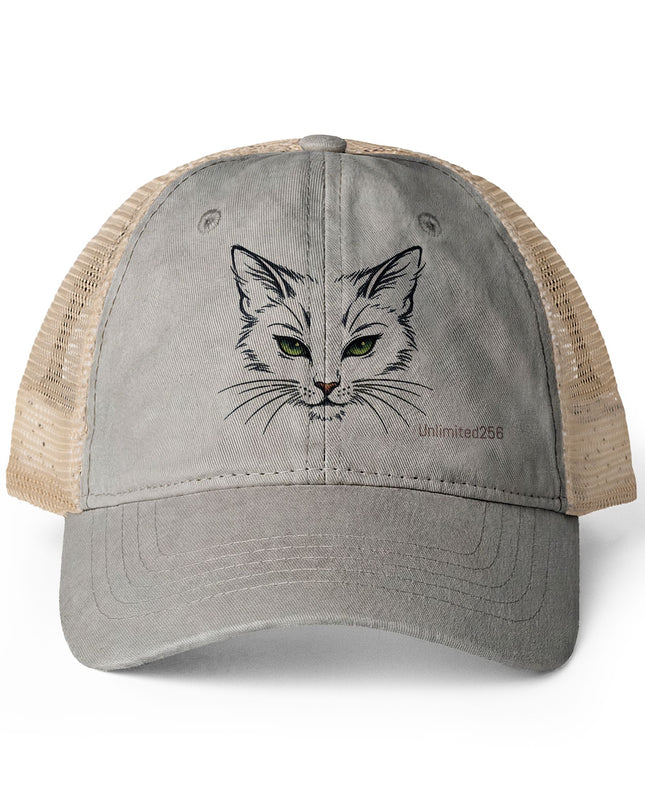 "Cat Sketch Face" Women's Washed Mesh-Back Cap