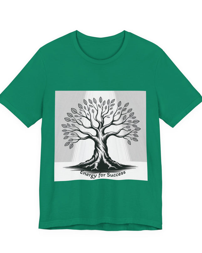 "Energy for Success" with a black and white drawing of a tree, Unisex Jersey Short Sleeve Tee