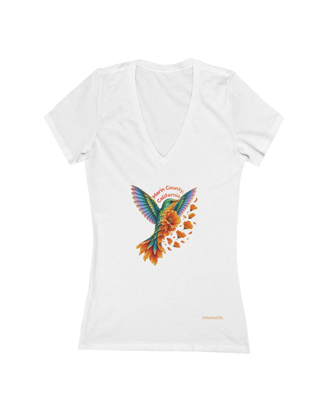 "Hummingbird and Poppies" Women's Jersey Short Sleeve Deep V-Neck Tee