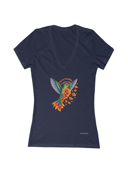 "Hummingbird and Poppies" Women's Jersey Short Sleeve Deep V-Neck Tee