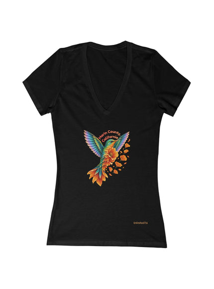 "Hummingbird and Poppies" Women's Jersey Short Sleeve Deep V-Neck Tee