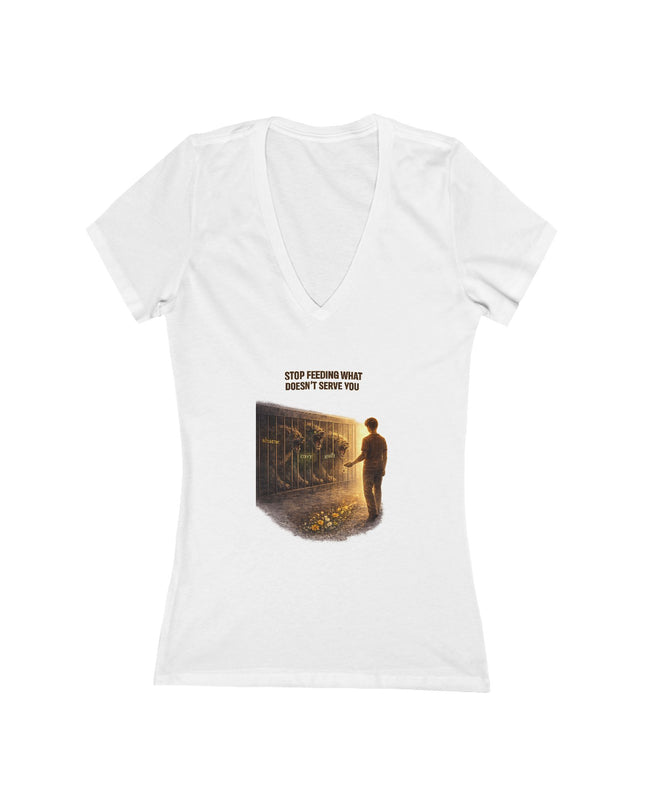 "Stop Feeding What Doesn't Serve You" Women's Jersey Short Sleeve Deep V-Neck Tee