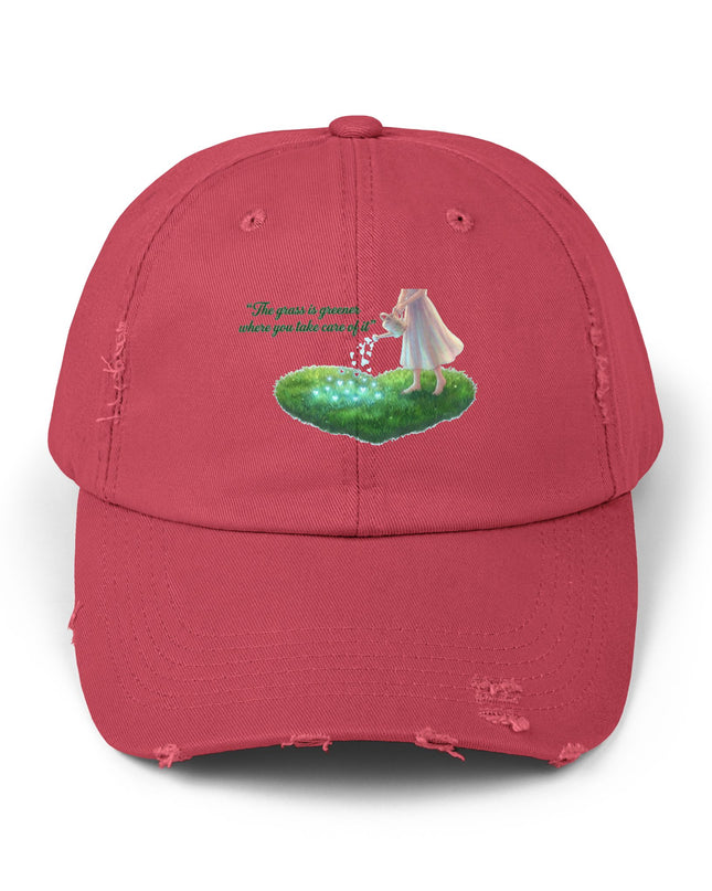"The Grass is Greener Where You Take Care of It" Unisex Distressed Cap
