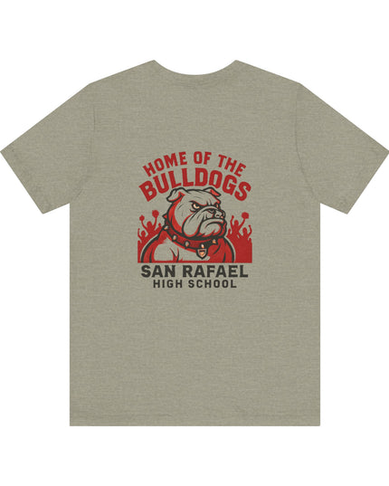 "Home of the Bulldogs - San Rafael High School (Students cheering on bulldog)" Unisex Jersey Short Sleeve Tee