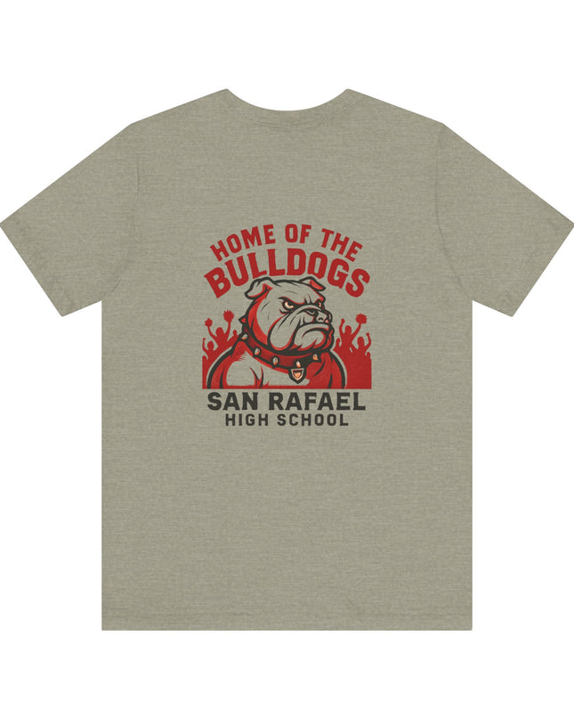 "Home of the Bulldogs - San Rafael High School (Students cheering on bulldog)" Unisex Jersey Short Sleeve Tee