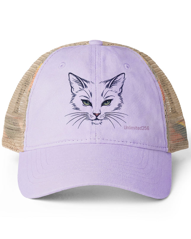 "Cat Sketch Face" Women's Washed Mesh-Back Cap