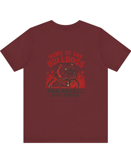 "Home of the Bulldogs - San Rafael High School (Students cheering on bulldog)" Unisex Jersey Short Sleeve Tee