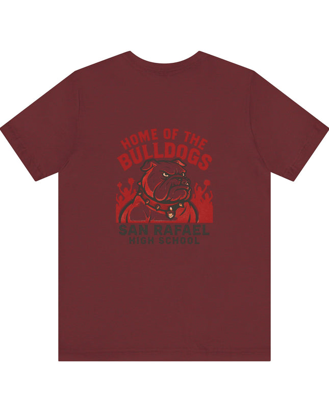 "Home of the Bulldogs - San Rafael High School (Students cheering on bulldog)" Unisex Jersey Short Sleeve Tee