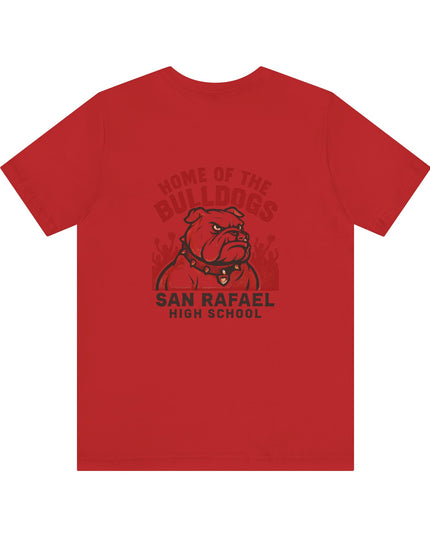 "Home of the Bulldogs - San Rafael High School (Students cheering on bulldog)" Unisex Jersey Short Sleeve Tee