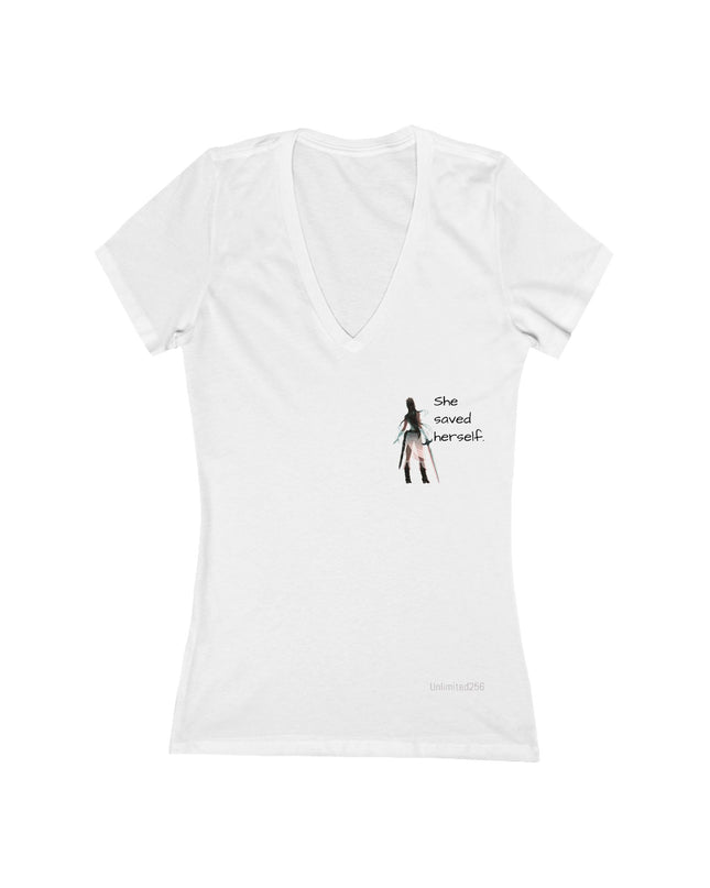 "She Saved Herself" (ink both sides) Women's Jersey Short Sleeve Deep V-Neck Tee