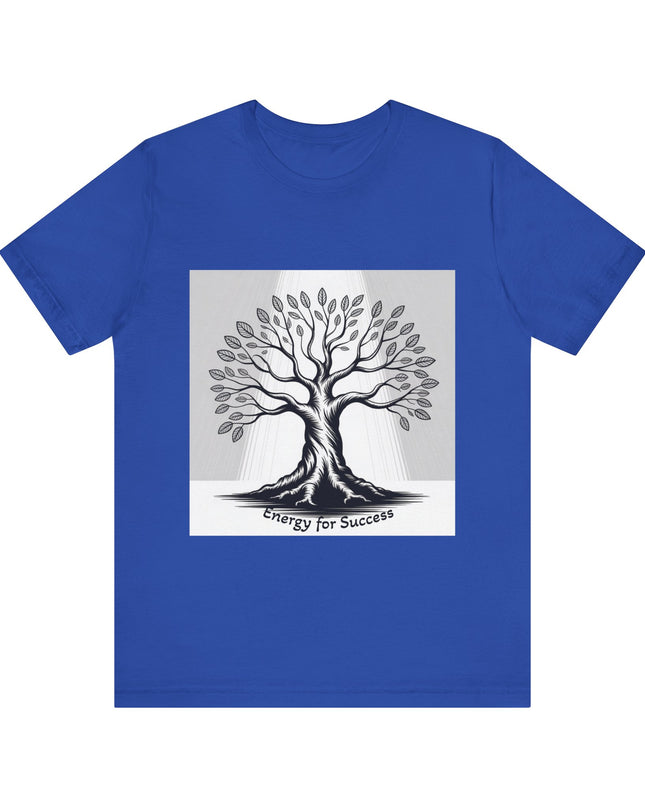 "Energy for Success" with a black and white drawing of a tree, Unisex Jersey Short Sleeve Tee