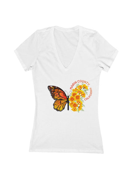 "Butterfly and Poppies Marin County California" Women's Jersey Short Sleeve Deep V-Neck Tee