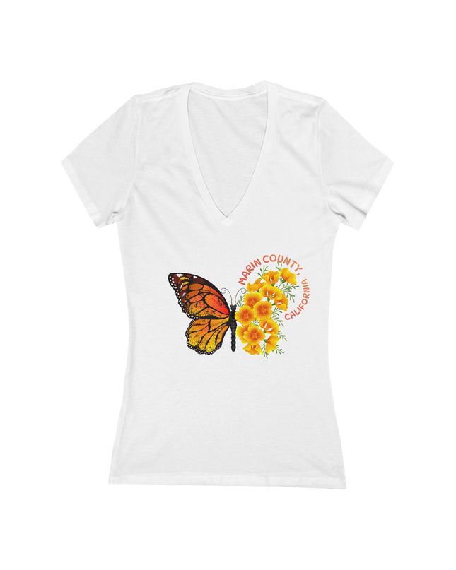 "Butterfly and Poppies Marin County California" Women's Jersey Short Sleeve Deep V-Neck Tee