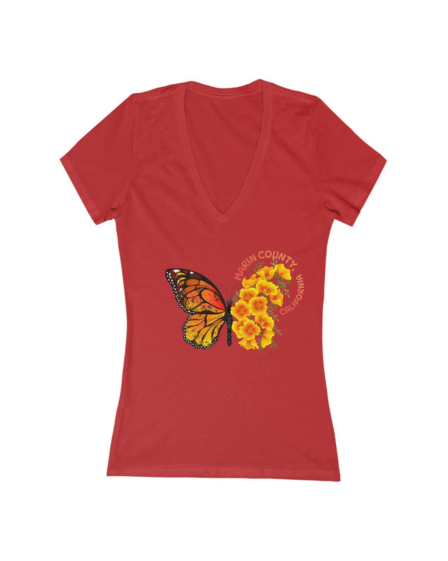 "Butterfly and Poppies Marin County California" Women's Jersey Short Sleeve Deep V-Neck Tee