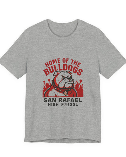 "Home of the Bulldogs - San Rafael High School (Students cheering on bulldog)" Unisex Jersey Short Sleeve Tee
