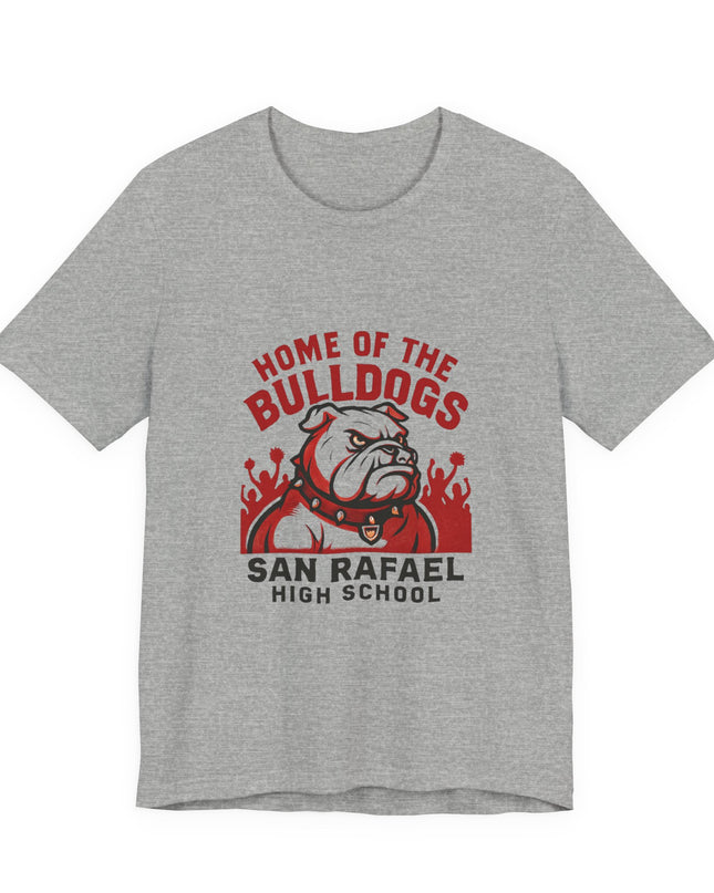 "Home of the Bulldogs - San Rafael High School (Students cheering on bulldog)" Unisex Jersey Short Sleeve Tee