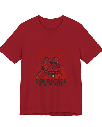 "Home of the Bulldogs - San Rafael High School (Students cheering on bulldog)" Unisex Jersey Short Sleeve Tee
