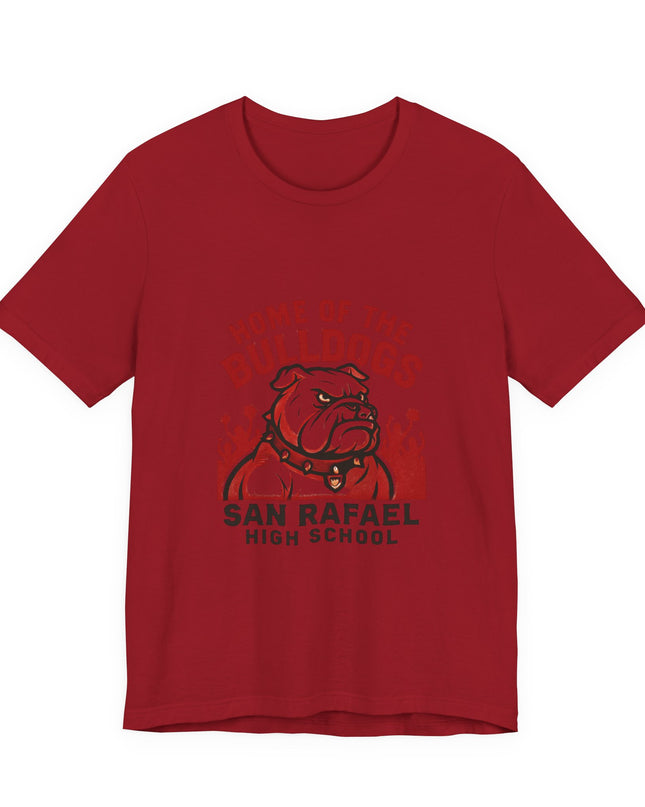 "Home of the Bulldogs - San Rafael High School (Students cheering on bulldog)" Unisex Jersey Short Sleeve Tee
