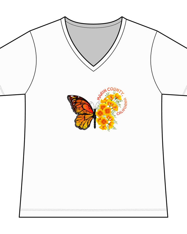 "Butterfly and Poppies Marin County California" Women's Fan Favorite V-Neck Tee