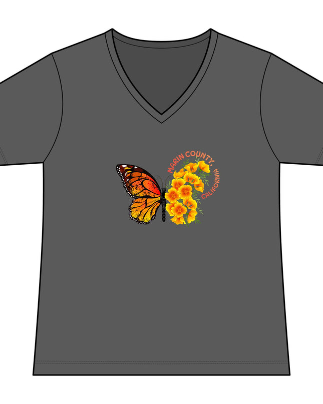 "Butterfly and Poppies Marin County California" Women's Fan Favorite V-Neck Tee
