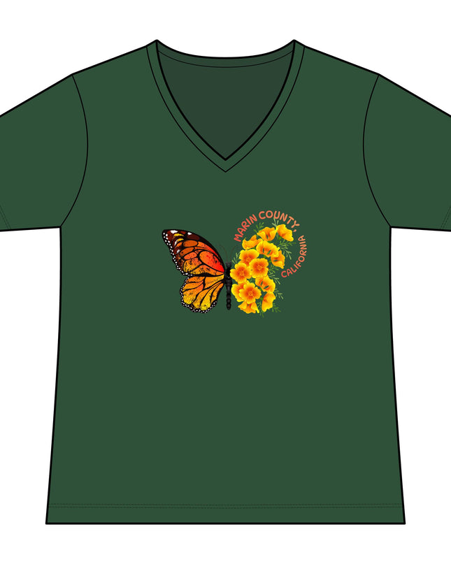"Butterfly and Poppies Marin County California" Women's Fan Favorite V-Neck Tee