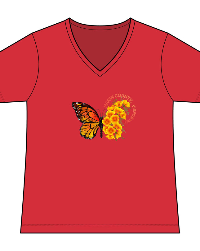 "Butterfly and Poppies Marin County California" Women's Fan Favorite V-Neck Tee