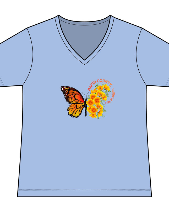 "Butterfly and Poppies Marin County California" Women's Fan Favorite V-Neck Tee