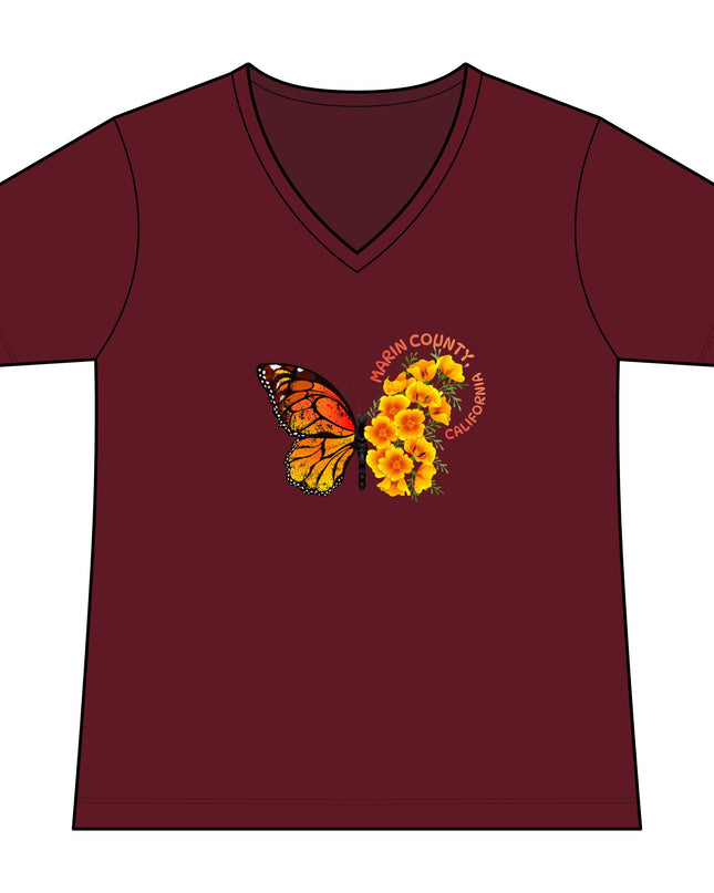 "Butterfly and Poppies Marin County California" Women's Fan Favorite V-Neck Tee