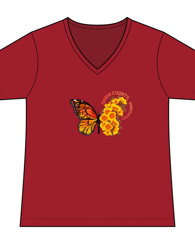 "Butterfly and Poppies Marin County California" Women's Fan Favorite V-Neck Tee