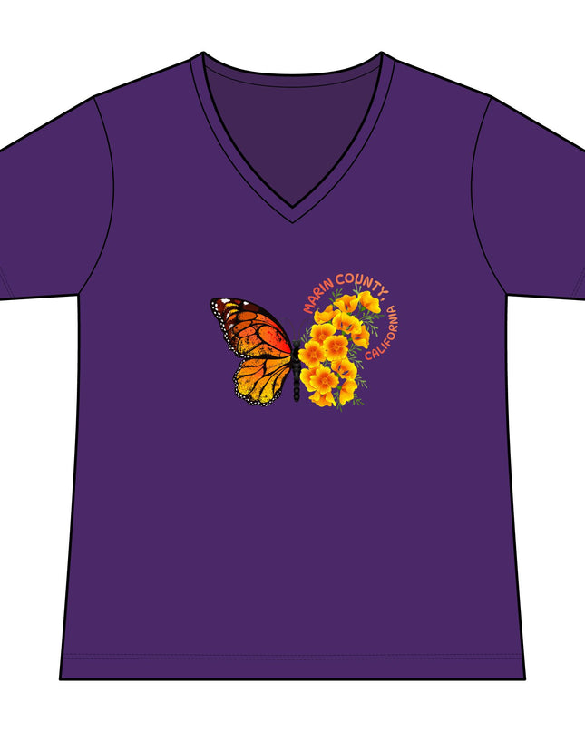 "Butterfly and Poppies Marin County California" Women's Fan Favorite V-Neck Tee