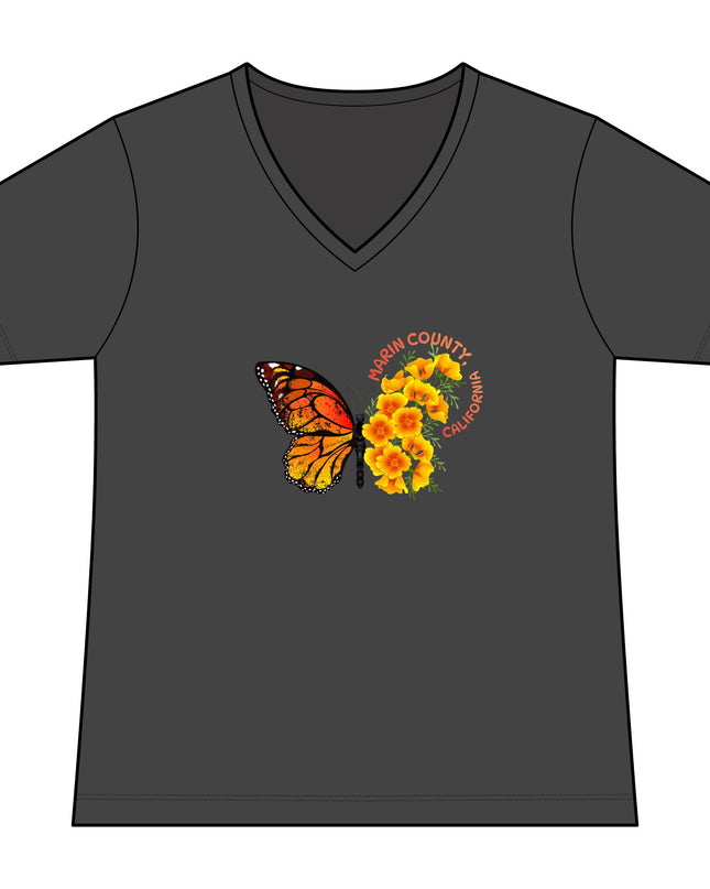 "Butterfly and Poppies Marin County California" Women's Fan Favorite V-Neck Tee