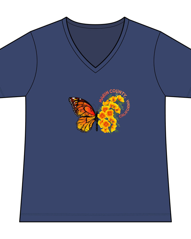 "Butterfly and Poppies Marin County California" Women's Fan Favorite V-Neck Tee