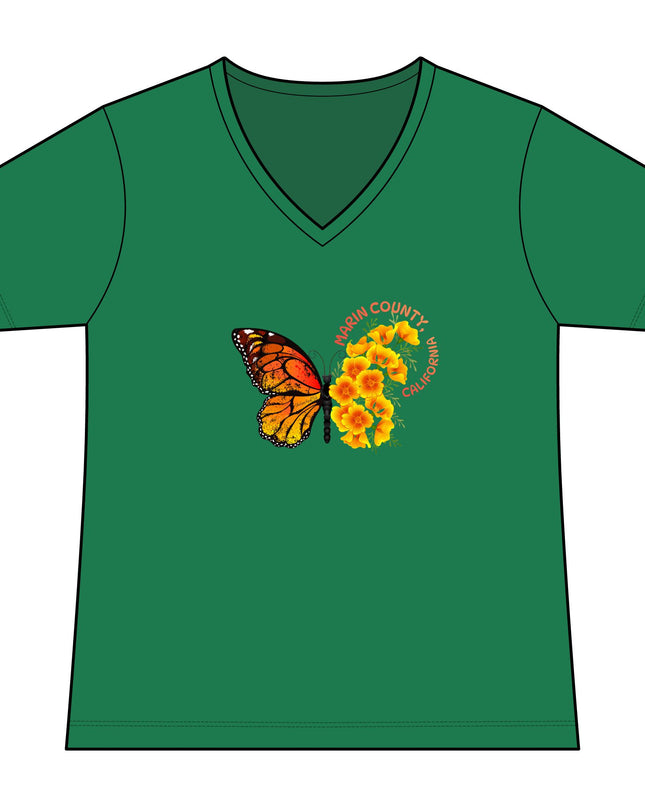 "Butterfly and Poppies Marin County California" Women's Fan Favorite V-Neck Tee