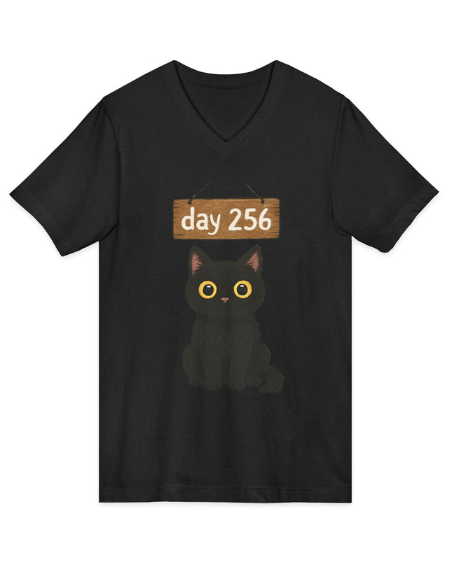 "Day 256 (not blinking black cat)" Unisex Jersey Short Sleeve V-Neck Tee
