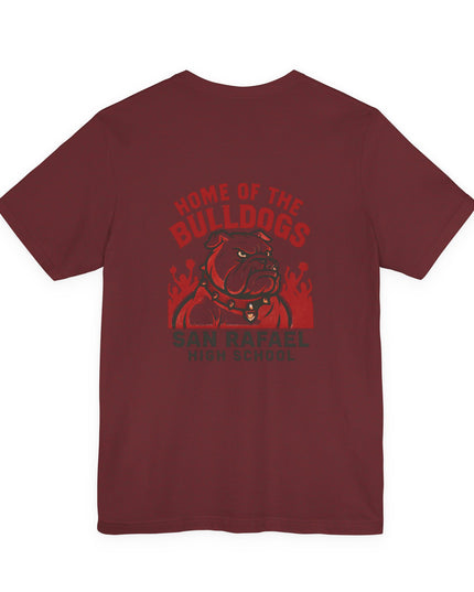 "Home of the Bulldogs - San Rafael High School (Students cheering on bulldog)" Unisex Jersey Short Sleeve Tee