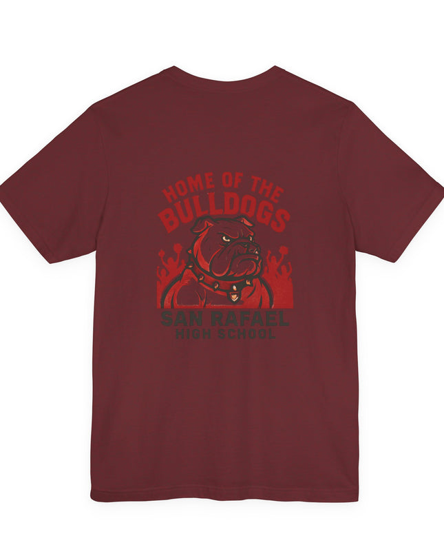 "Home of the Bulldogs - San Rafael High School (Students cheering on bulldog)" Unisex Jersey Short Sleeve Tee