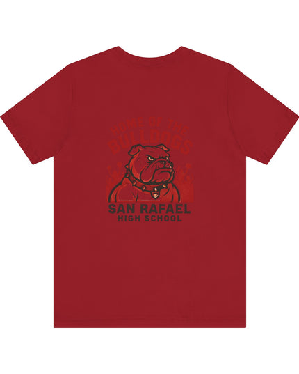 "Home of the Bulldogs - San Rafael High School (Students cheering on bulldog)" Unisex Jersey Short Sleeve Tee
