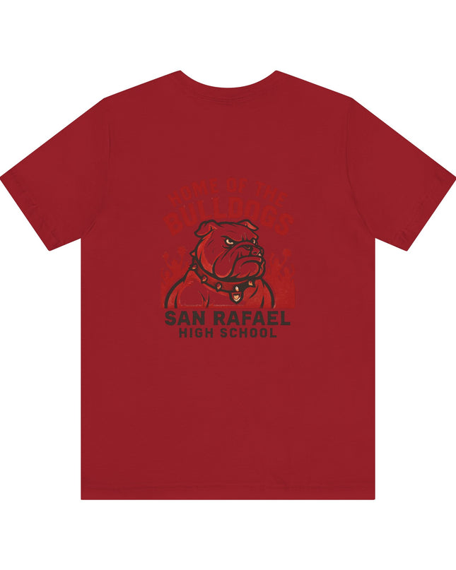 "Home of the Bulldogs - San Rafael High School (Students cheering on bulldog)" Unisex Jersey Short Sleeve Tee